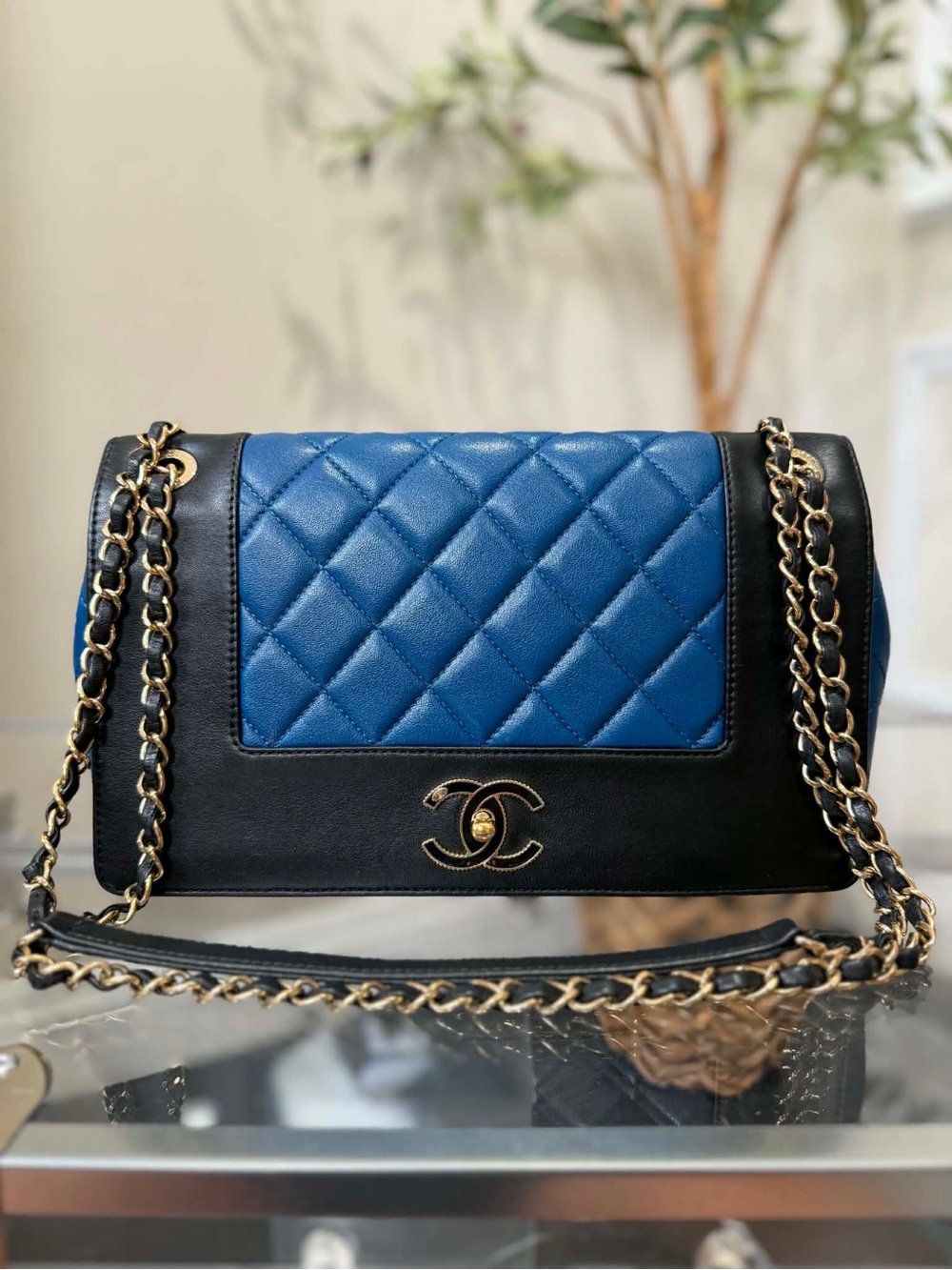 CHANEL Quilted Blue Center Panel Shoulder Bag with Black Trim